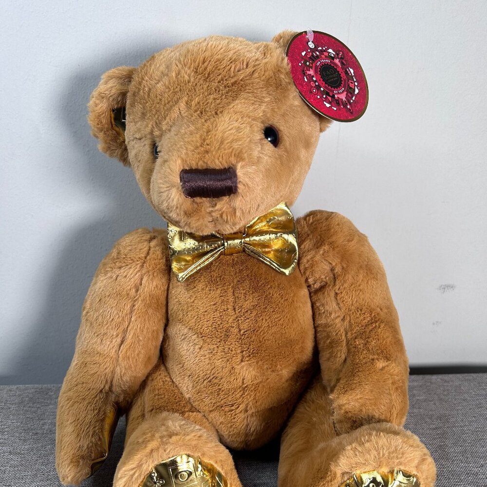 FAO Schwarz Bear Plush Stuffed Animal Toy Brown Gold Paws Bow 160th Anniversary
